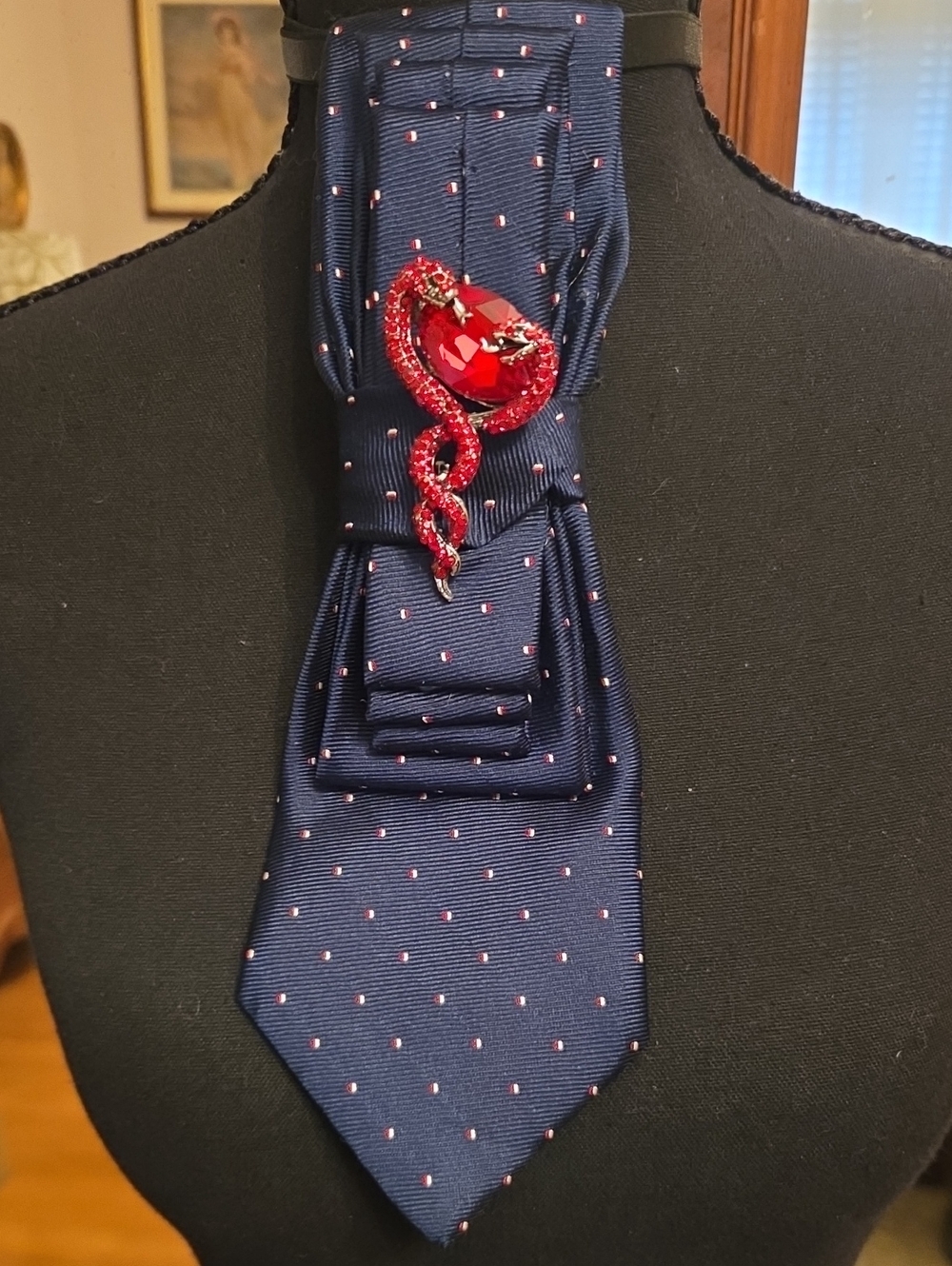 Men's Navy Polka Cravat with Red Gem Snake Brooch